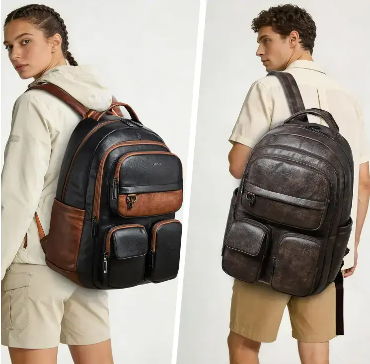 Two people wearing large Latmap backpack styles
