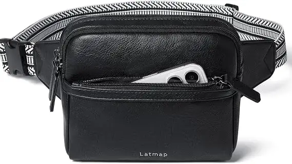 Latmap 3L black faux-leather fanny pack with zippered pockets