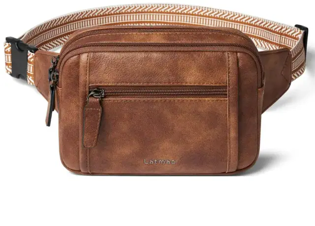 Latmap 3L brown triple-zip faux-leather fanny pack